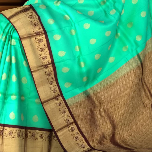 Sea Green Kanchipuram Silk Saree with Coffee Brown Border and Bhutta Design