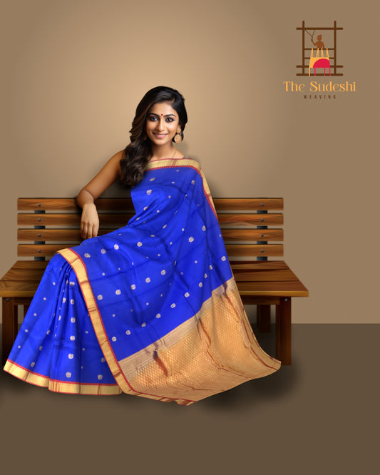 Royal Blue Kanchipuram Silk Saree with Red Border and Bhutta Motifs