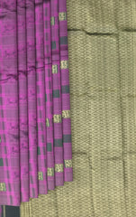 Borderless Pink and Black Checked Kanchipuram Silk Saree