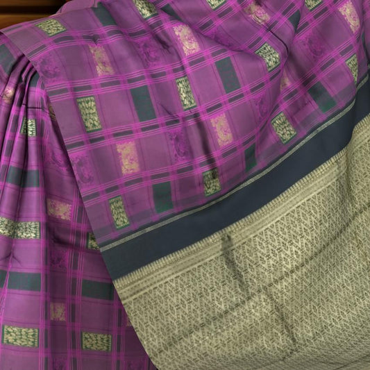 Borderless Pink and Black Checked Kanchipuram Silk Saree