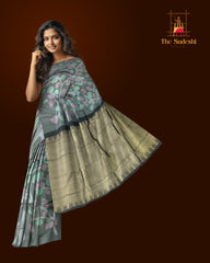 Black Kanchipuram Silk Saree with Elephant and Tree Pattern – Borderless Design