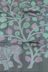 Black Kanchipuram Silk Saree with Elephant and Tree Pattern – Borderless Design