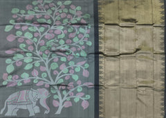Black Kanchipuram Silk Saree with Elephant and Tree Pattern – Borderless Design