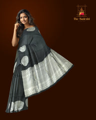 Black Borderless Kanchipuram Silk Saree with Peacock Motif