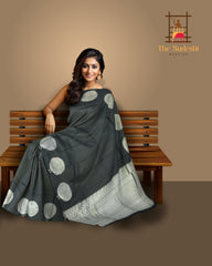 Black Borderless Kanchipuram Silk Saree with Peacock Motif