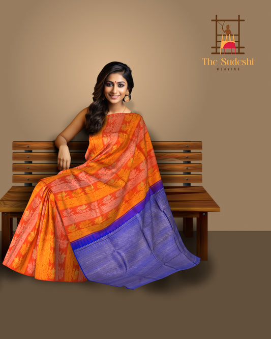 Fanta Orange Kanchipuram Silk Saree with Borderless Vertical Jaquard Pattern