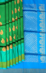 Emerald Green & Bluish Green Dual Tone Kanchipuram Silk Saree - Traditional Mango & Floral Motifs