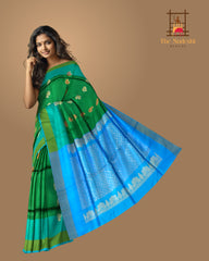 Emerald Green & Bluish Green Dual Tone Kanchipuram Silk Saree - Traditional Mango & Floral Motifs