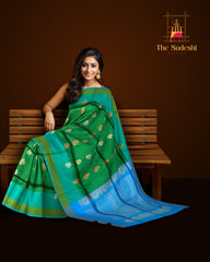 Emerald Green & Bluish Green Dual Tone Kanchipuram Silk Saree - Traditional Mango & Floral Motifs