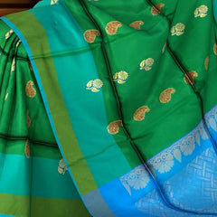 Emerald Green & Bluish Green Dual Tone Kanchipuram Silk Saree - Traditional Mango & Floral Motifs