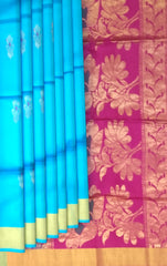 Sky Blue Kanchipuram Silk Saree with Elegant Threadwork Bhutta - A Symphony of Tradition