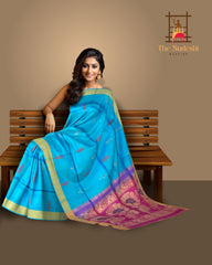 Sky Blue Kanchipuram Silk Saree with Elegant Threadwork Bhutta - A Symphony of Tradition