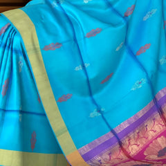 Sky Blue Kanchipuram Silk Saree with Elegant Threadwork Bhutta - A Symphony of Tradition