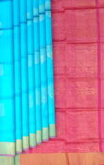 Sky Blue Kanchipuram Silk Saree with Exquisite Zari Bhutta - A Timeless Masterpiece