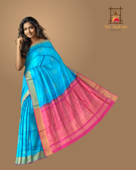 Sky Blue Kanchipuram Silk Saree with Exquisite Zari Bhutta - A Timeless Masterpiece