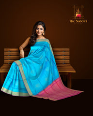 Sky Blue Kanchipuram Silk Saree with Exquisite Zari Bhutta - A Timeless Masterpiece