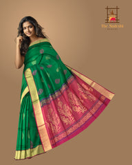 Dark Green Kanchipuram Silk Saree with Exquisite Threadwork Bhutta - A Regal Ensemble