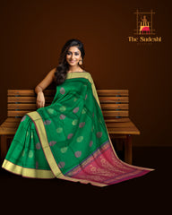 Dark Green Kanchipuram Silk Saree with Exquisite Threadwork Bhutta - A Regal Ensemble