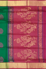 Dark Green Kanchipuram Silk Saree with Exquisite Threadwork Bhutta - A Regal Ensemble