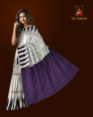 Sophisticated Grey Kanchipuram Silk Saree with Purple Gradient & Raw Silk Finish - Modern Elegance