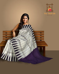 Sophisticated Grey Kanchipuram Silk Saree with Purple Gradient & Raw Silk Finish - Modern Elegance