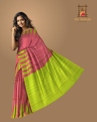 Tomato Pink Kanchi Pure Silk Saree in Raw Silk Finish – A Bold Statement in Subtle Craftsmanship