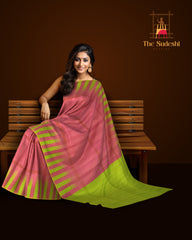Tomato Pink Kanchi Pure Silk Saree in Raw Silk Finish – A Bold Statement in Subtle Craftsmanship