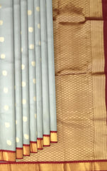 Steel Grey Kanchipuram Silk Saree with Elegant Flower Bhutta - Modern Grace