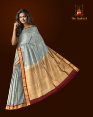 Steel Grey Kanchipuram Silk Saree with Elegant Flower Bhutta - Modern Grace