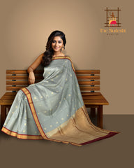 Steel Grey Kanchipuram Silk Saree with Elegant Flower Bhutta - Modern Grace