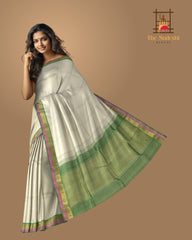 Pristine Off White Kanchipuram Silk Saree with Multi-Color Plain Design - Understated Elegance