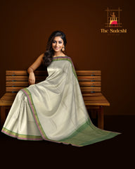Pristine Off White Kanchipuram Silk Saree with Multi-Color Plain Design - Understated Elegance