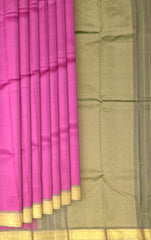 Pretty Pink Kanchipuram Silk Saree with Plain Design & Dull Olive Green Accents - Subtle Sophistication