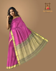 Pretty Pink Kanchipuram Silk Saree with Plain Design & Dull Olive Green Accents - Subtle Sophistication