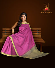 Pretty Pink Kanchipuram Silk Saree with Plain Design & Dull Olive Green Accents - Subtle Sophistication