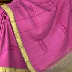 Pretty Pink Kanchipuram Silk Saree with Plain Design & Dull Olive Green Accents - Subtle Sophistication