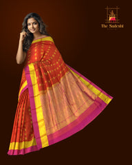 Rustic Orange Kanchipuram Silk Saree with Elegant Bhuttas & Pink Accents - Warm Radiance
