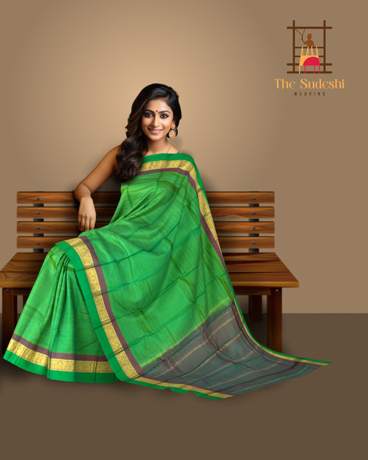 Earthy Green & Brown Dual Tone Kanchipuram Silk Saree - Organic Elegance