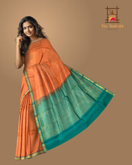 Peachish Orange Kanchipuram Silk Saree with Small Bhuttas & Bluish Green Accents - Delicate Charm