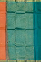 Peachish Orange Kanchipuram Silk Saree with Small Bhuttas & Bluish Green Accents - Delicate Charm