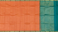 Peachish Orange Kanchipuram Silk Saree with Small Bhuttas & Bluish Green Accents - Delicate Charm
