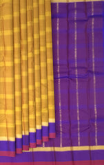 Mustard Yellow Kanchipuram Silk Saree with Horizontal Lines & Multi-Color Accents - Modern Traditional