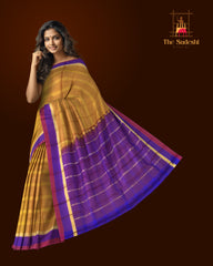 Mustard Yellow Kanchipuram Silk Saree with Horizontal Lines & Multi-Color Accents - Modern Traditional
