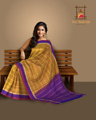 Mustard Yellow Kanchipuram Silk Saree with Horizontal Lines & Multi-Color Accents - Modern Traditional