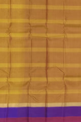 Mustard Yellow Kanchipuram Silk Saree with Horizontal Lines & Multi-Color Accents - Modern Traditional