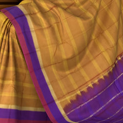 Mustard Yellow Kanchipuram Silk Saree with Horizontal Lines & Multi-Color Accents - Modern Traditional
