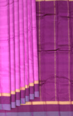 Pretty Pink Kanchipuram Silk Saree with Horizontal Lines & Dark Purple Accents - Contemporary Grace