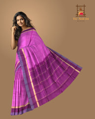 Pretty Pink Kanchipuram Silk Saree with Horizontal Lines & Dark Purple Accents - Contemporary Grace
