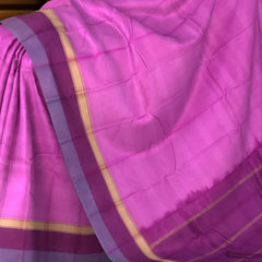 Pretty Pink Kanchipuram Silk Saree with Horizontal Lines & Dark Purple Accents - Contemporary Grace