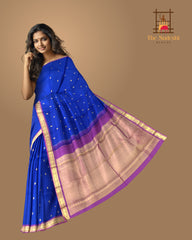 Royal Blue Kanchipuram Silk Saree with Delicate Small Bhuttas & Purple Accents - Regal Charm